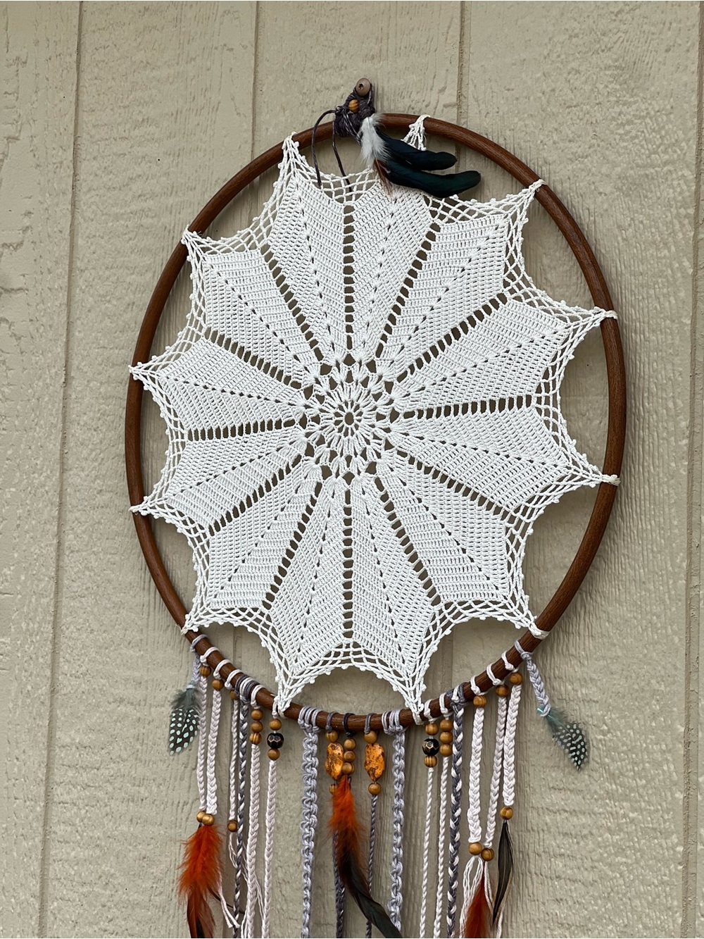 Handmade White Crochet Dreamcatcher Wall Hanging with Brown Hoop Boho Western - Picture 3 of 16